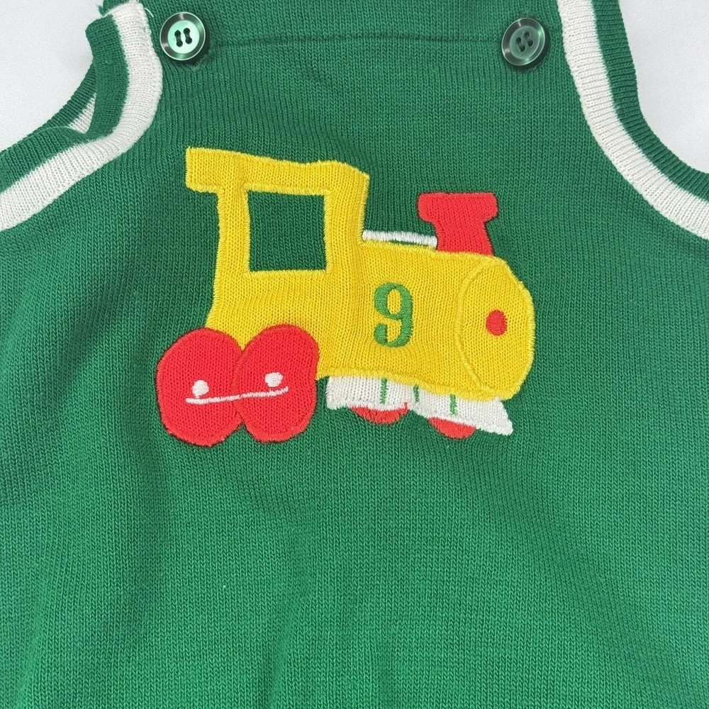Vintage Mine Alone Knit Baby Jumpsuit Train Acrylic Green 2pc Holiday Overalls‎